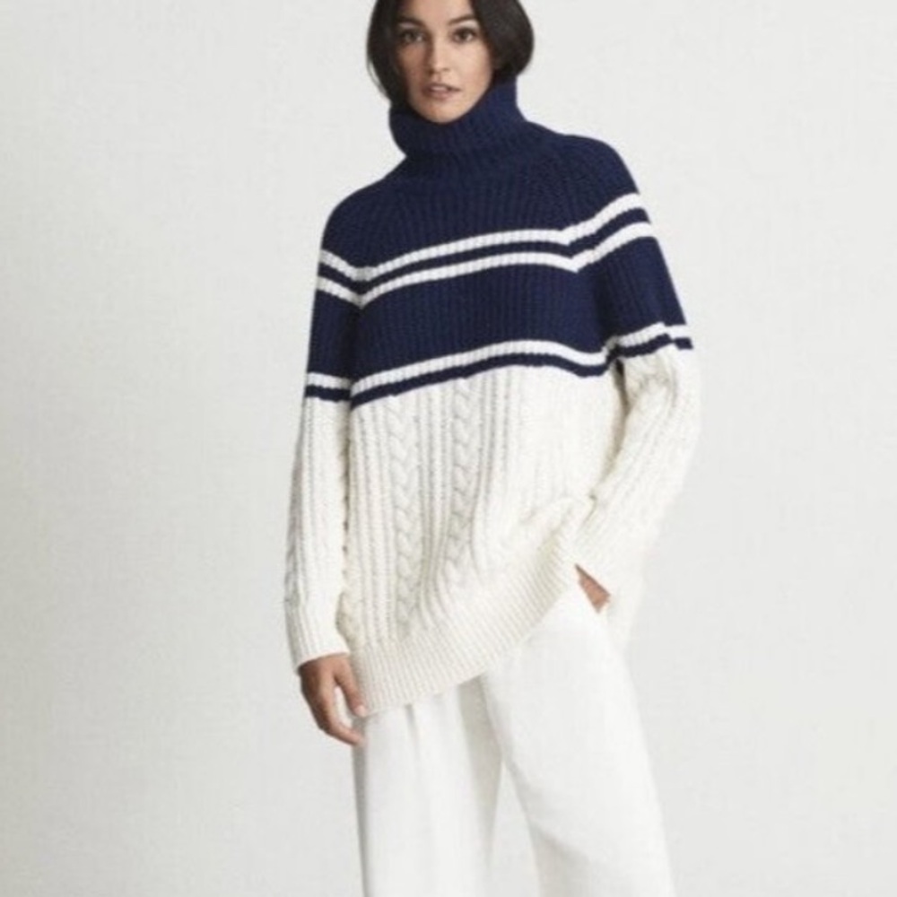 Reiss Scarlett Color Block Chunky Cable Knit Turtleneck Sweater Navy Small